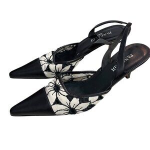 BLACK AND WHITE KITTEN HEELS SLING BACK ITALIAN LEATHER HEELS WOMENS SIZE 8